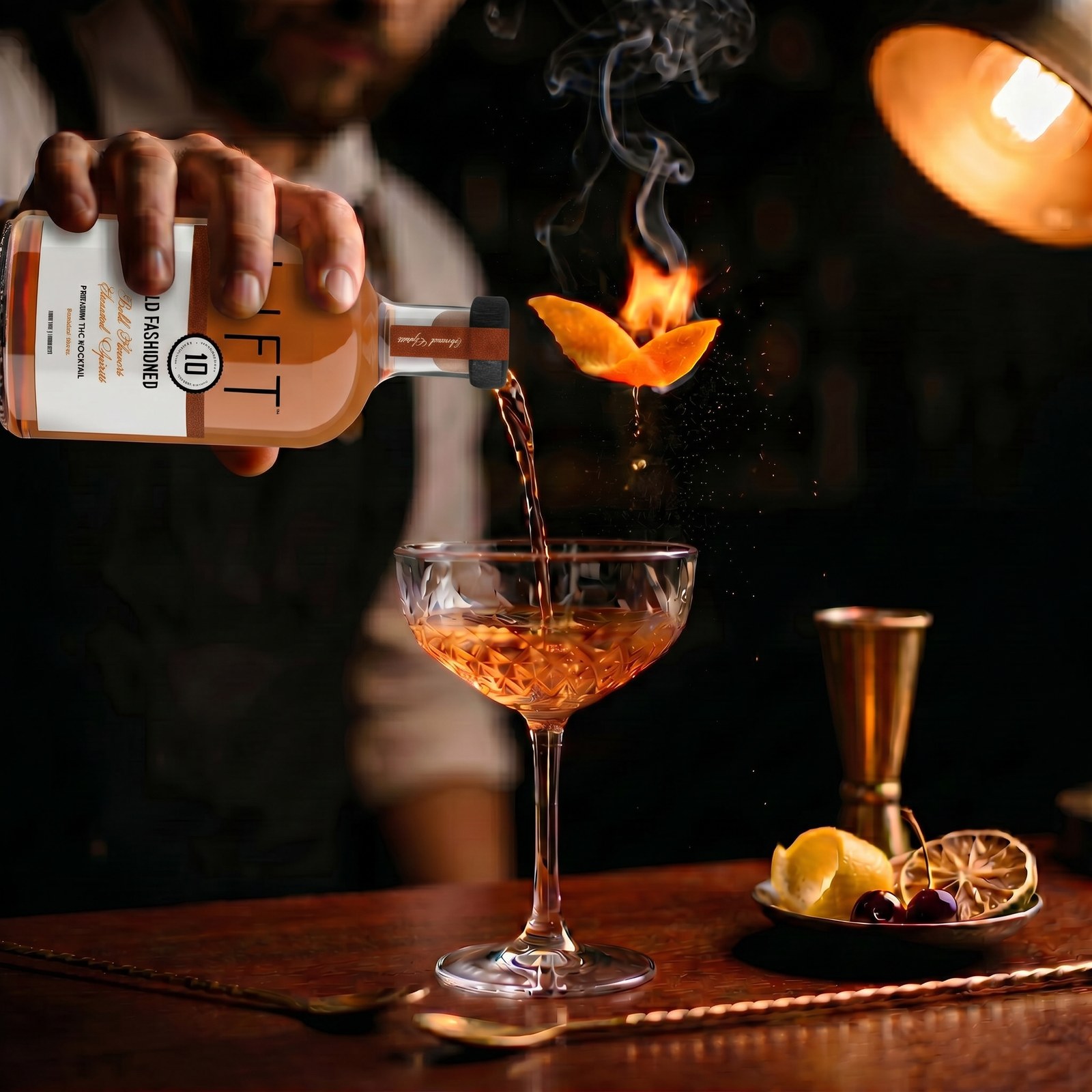 The pour — torched orange peel over a coupe